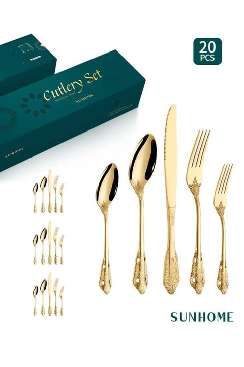 20-Piece Stainless Steel Cutlery Set Kitchen Utensil Western Tableware Gold