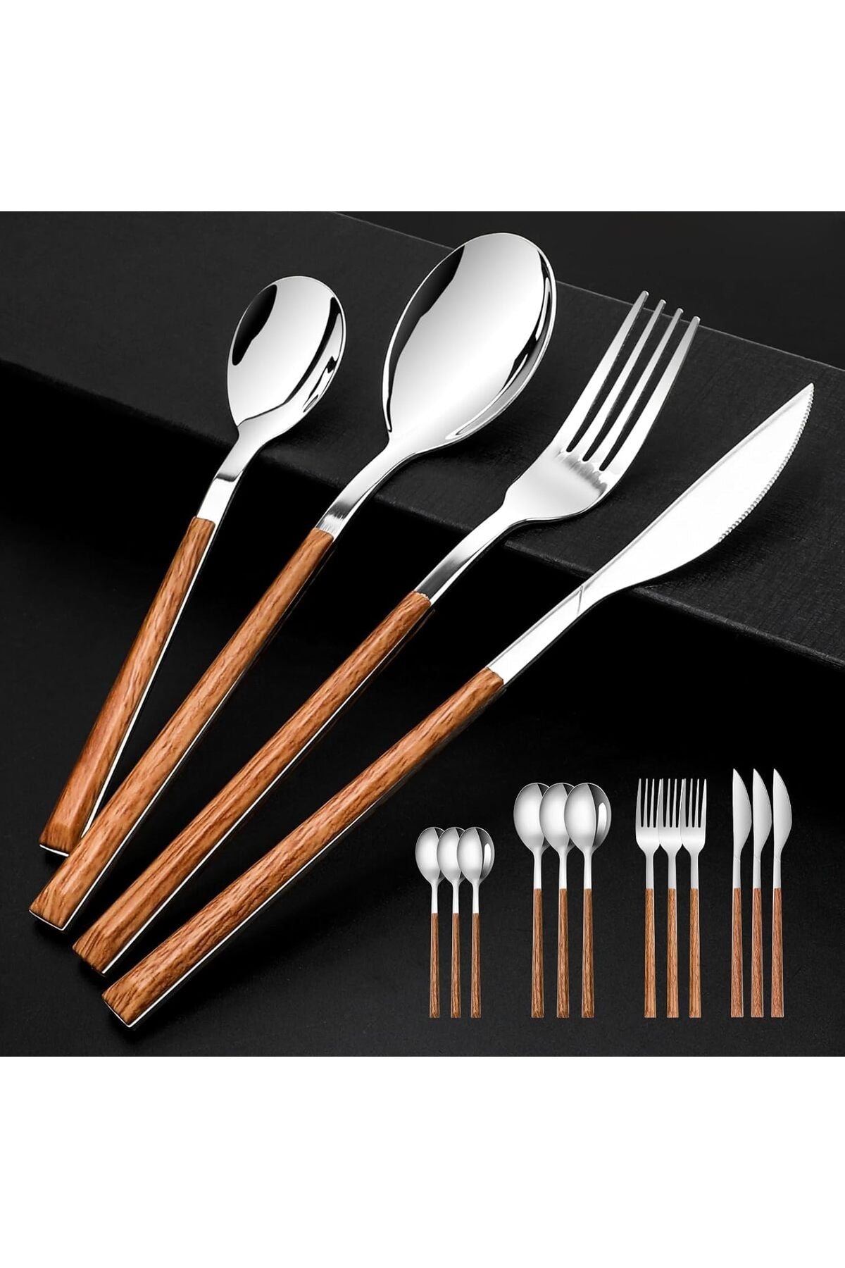 16PCS Stainless Steel Flatware, (Service for 4) Cutlery Set with Simulated Wooden Handles