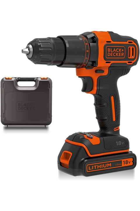 BLACK+DECKER Cordless Hammer Drill, 18V, 1.5Ah Li-Ion Battery, 10 Torque Settings, 21,000 BPM, Variable Speed, Keyless Chuck, Kitbox