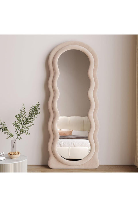 V PARTY Floor Mirror with Stand, Full Length Mirror Wall Mounted, Standing Floor Mirror Full Length, Irregular Wavy Mirror, Flannel Wrapped Wooden Frame Mirror (Beige, 160x60cm (63"x24"))