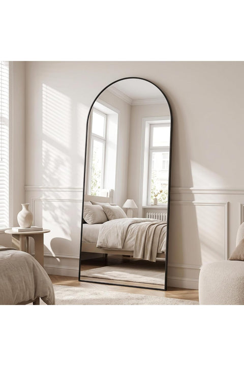 VooBang 180 x 75 cm Arched Full Length Mirror, Arch Floor Mirror Full Length with Stand, Full Body Standing Mirror for Living Room, Bedroom, Hanging or Leaning Against The Wall, Black
