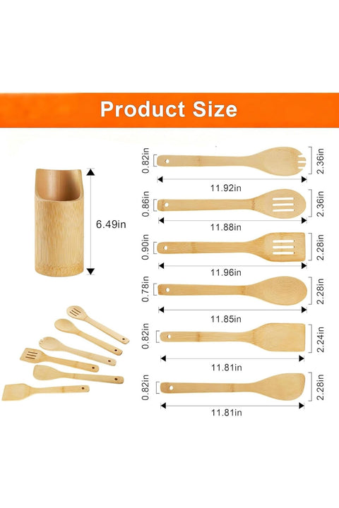 7-Piece Bamboo Utensil Set with Holder, Natural Wooden Spoons & Spatulas for Cooking, Non-Stick Kitchen Tools Set