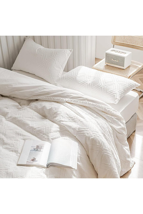 King Size Boho Embroidery Duvet Cover Set, 4 Pcs: Quilt Cover, 2 Pillow Cases, Bedsheet - White