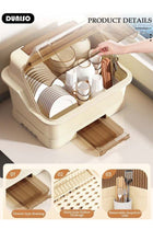 Dish Drying Rack with Lid, Large Dish Rack for Kitchen Cabinets, Plastic Dish Drainer with Drainboard Tray, Kitchen Plate Cup Tray Cutlery Drainer, Space Saving Kitchen Countertop Organizer, Du