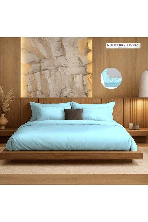 Polyester Queen Fitted Bedsheet Set-300 TC Silken Berry Art Silk Satin, Light Blue