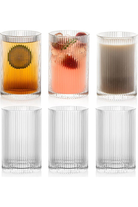 Set of 6 Ribbed Glassware, 500ml XL Cocktail Glasses, Art Deco Vintage Fluted Ripple Highball Glasses
