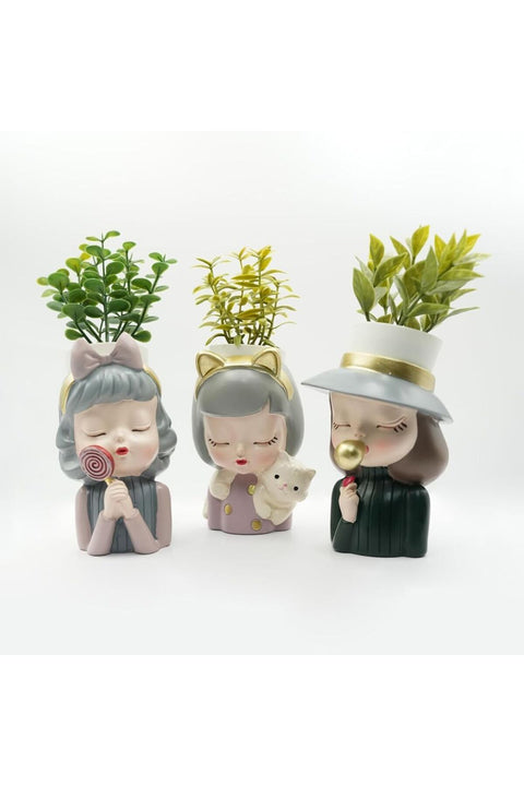 Charming Figurine 3PCS Set Green Pink Grey Polyresin Decorative Flower Vase Cute Girl Succulent Pot Modern Indoor Home Office Table Decor Gift Set
