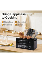 Wooden Kitchen Utensil Holder with 4 Compartments & Drainage, Farmhouse Cooking Utensils Caddy (Black)
