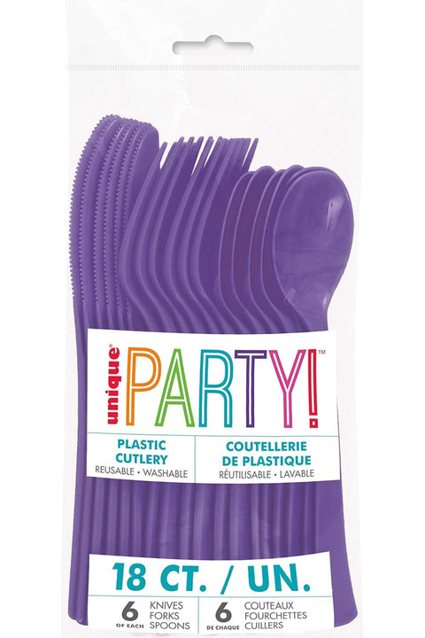 Unique Neon Purple Plastic Cutlery Set – 18-Piece Reusable Party Utensils with 6 Forks, 6 Spoons & 6 Knives