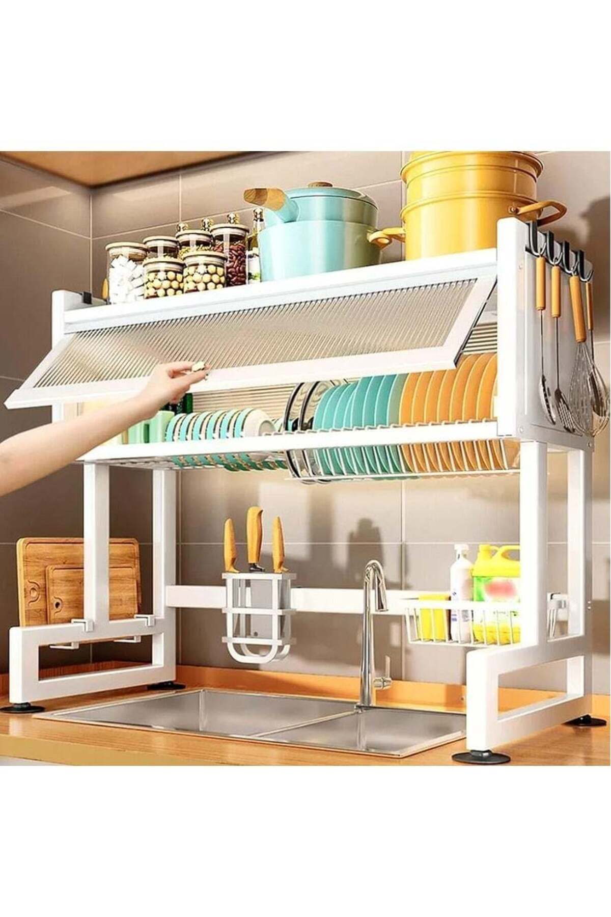 Dish Rack Organizer Stainless Steel with Doors Over Sink Dish Drying Rack Storage Rack Kitchen Dish Drainer Nonslip Kitchen Multipurpose Rack Dust-Proof