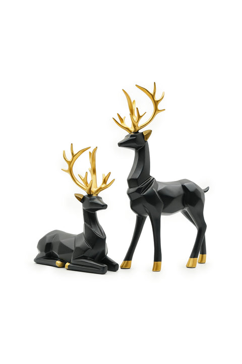 Beram Black and Golden Crown Reindeer Figures Set Large and Small Resin Modern Geometric Deer Statues Elegant Black Resin Reindeer Décor with Gold Antlers Luxury Christmas Holiday Home Ornaments