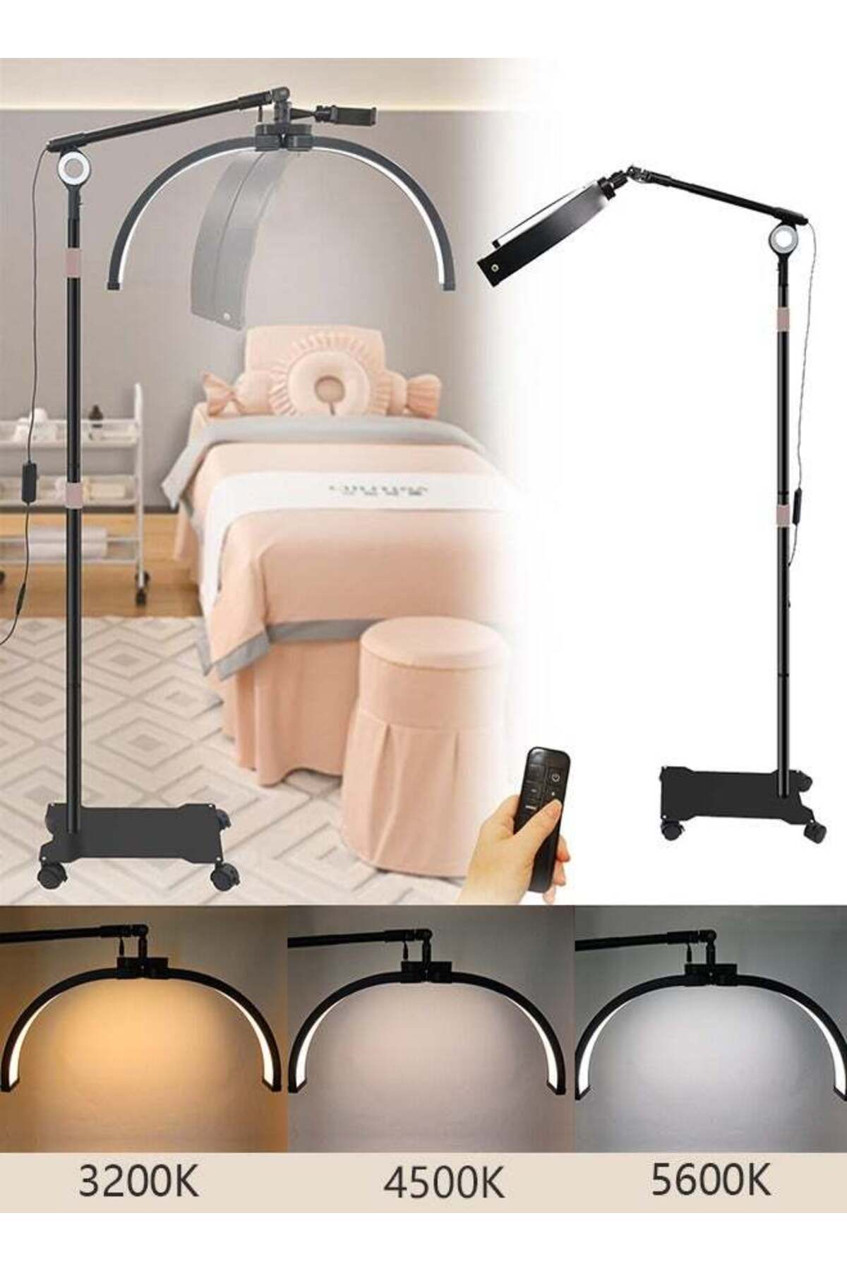 2-in-1 Manicure Lamp, 3 Color Light, Adjustable Height, Removable Head, Rotating Half Moon Floor Lamp