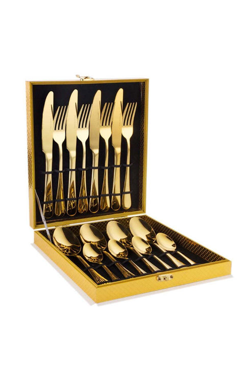 16-Piece Stainless Steel Cutlery Set, Western Tableware, Gold, 23cm