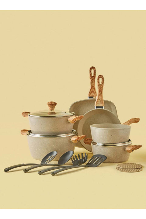 15-Piece Aluminum Cookware Set, Non-Stick, Wood Finish Handles, Glass Lids, PFOA free, Beige