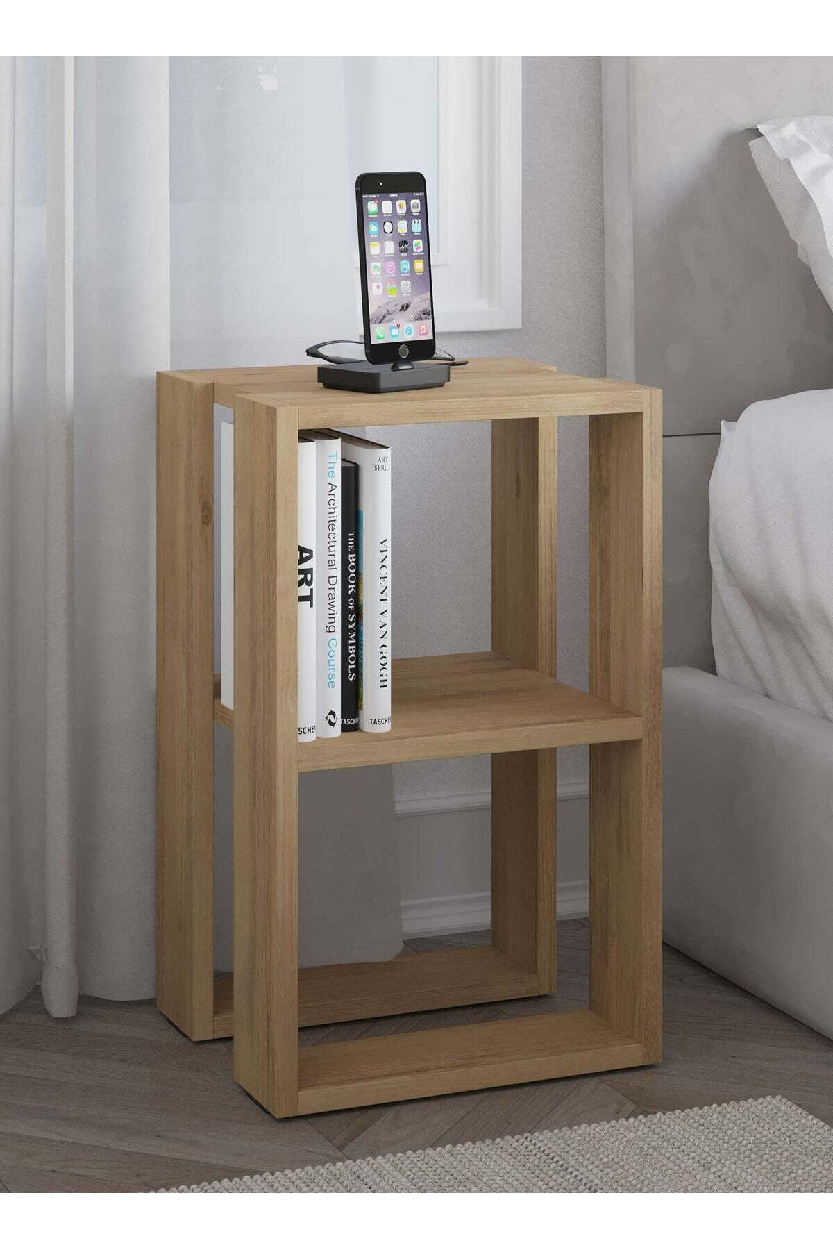 Modern Nightstand Bedside Table | Multifunctional Side Table For Bedroom Living Room| 2Tier Table| 30X34X55Cm Oak