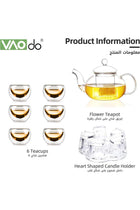 Glass Teapot Set, 8 Piece Glass Tea Set, 1 Teapot 600ml, 1 Heart Shape Candle Holder and 6 Cups 50ml with Removable Infuser, Tea Gift Sets