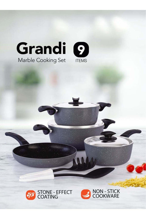 9 Piece Non-Stick Cookware Set Aluminum Pots And Pans Non-Stick Surface Bakelite Handle Stainless Steel Lids PFOA Free Grey 24+20+24+18 cm