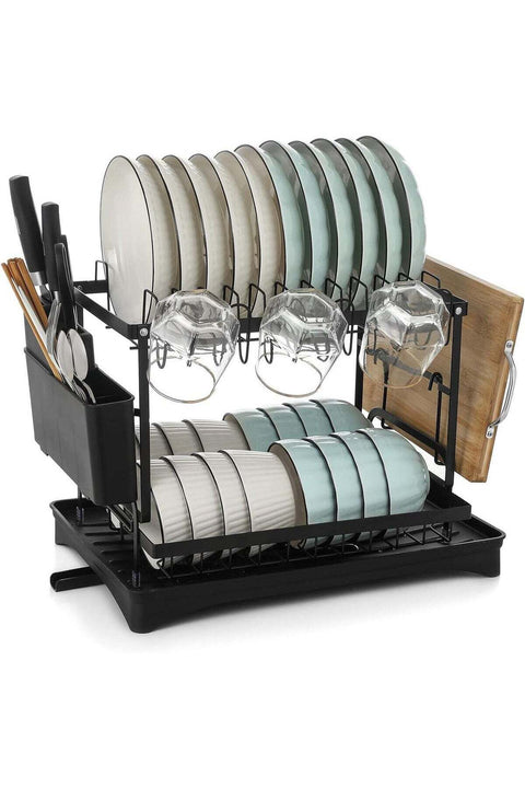 2 Tier Dish Drying Rack for Kitchen Counter with Drainage Tray - Large Stainless Steel Dish Drainer with Cutlery Holder, Knife Rack, Cup Holder & Cutting Board Rack, Rustproof Kitchen Organizer, Black