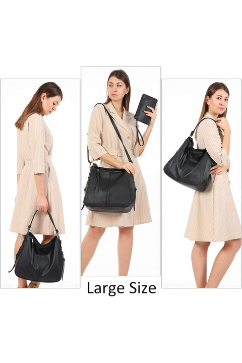Women's PU Leather Fashion Hobo Shoulder Tote Bags with Adjustable Shoulder Strap (Black)