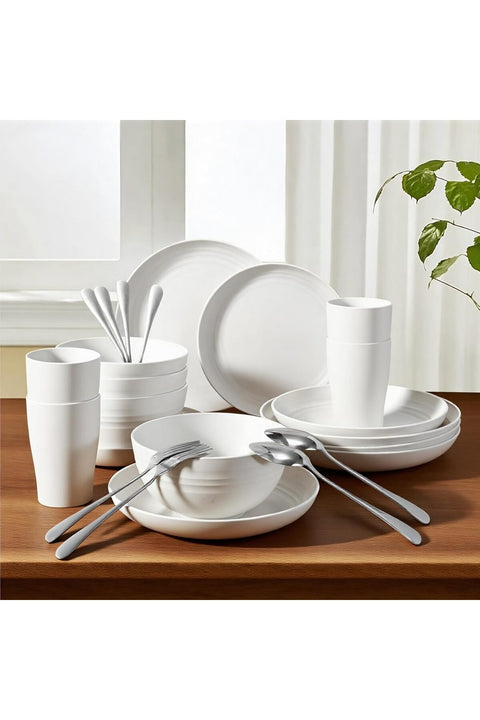 24-Piece Wheat Straw Dinner Set - Unbreakable & Reusable Plates Set Dinner, Includes 4x22.5cm, 4x20cm Plates, 4x15cm Bowls, 4 Cups, 4 Forks, 4 Spoons - Dishwasher & Microwave Safe