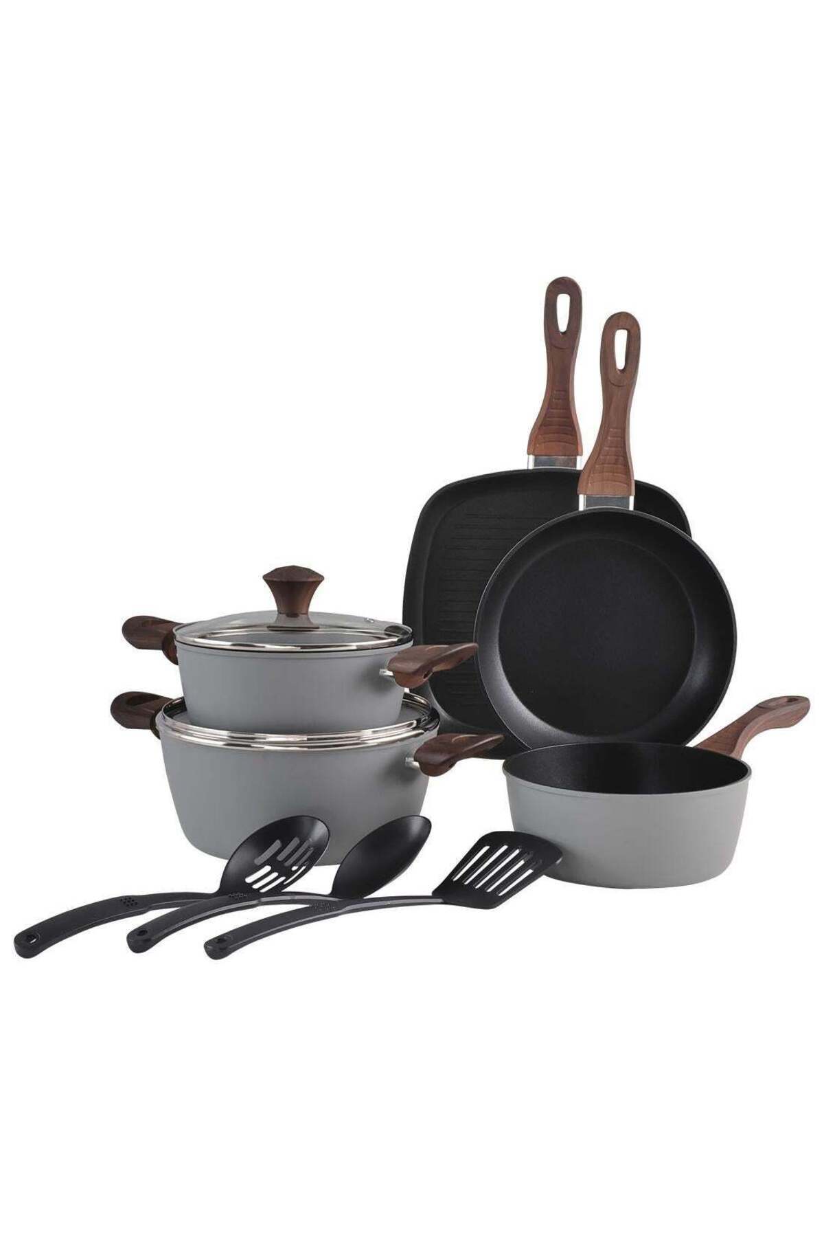 10 Piece Cookware Set Aluminum Pots And Pans, Non-Stick Surface with Wood Finish Handles
