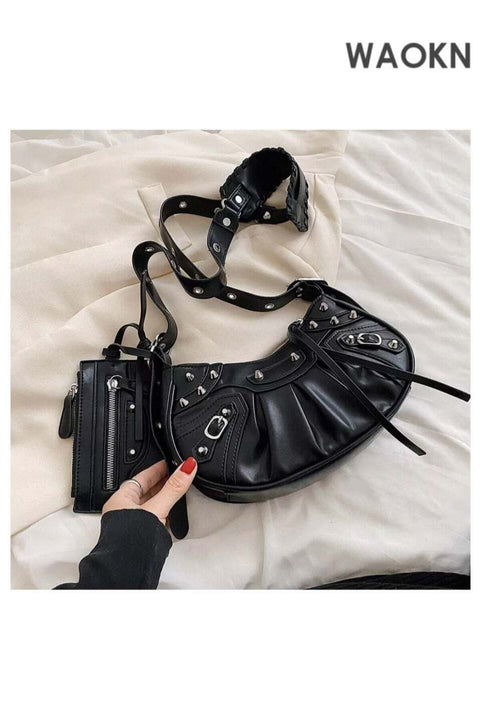 Women's Rivet Shoulder Bag with Integrated Small Card Holder, Ladies New Fashion Armpit Bag