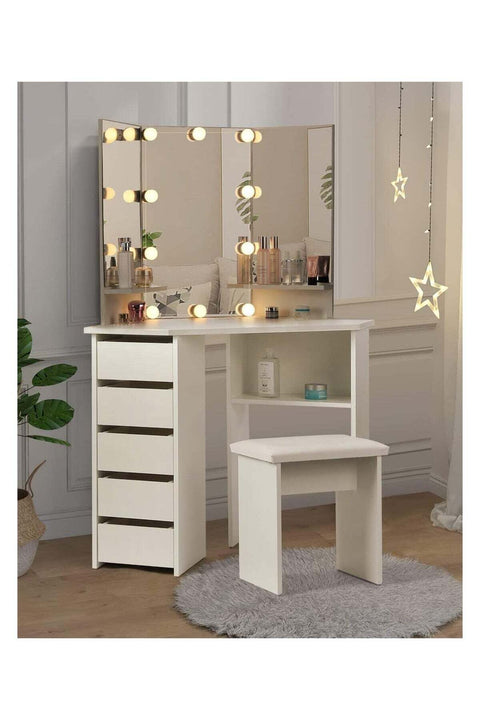 Vanity Desk Makeup Vanity Table with 10 LED Light Bulbs,Corner Dressing Table with Mirror and Stool, Bedside Table Vanity Set with 5 Sliding Drawers for Women Girls Bedroom
