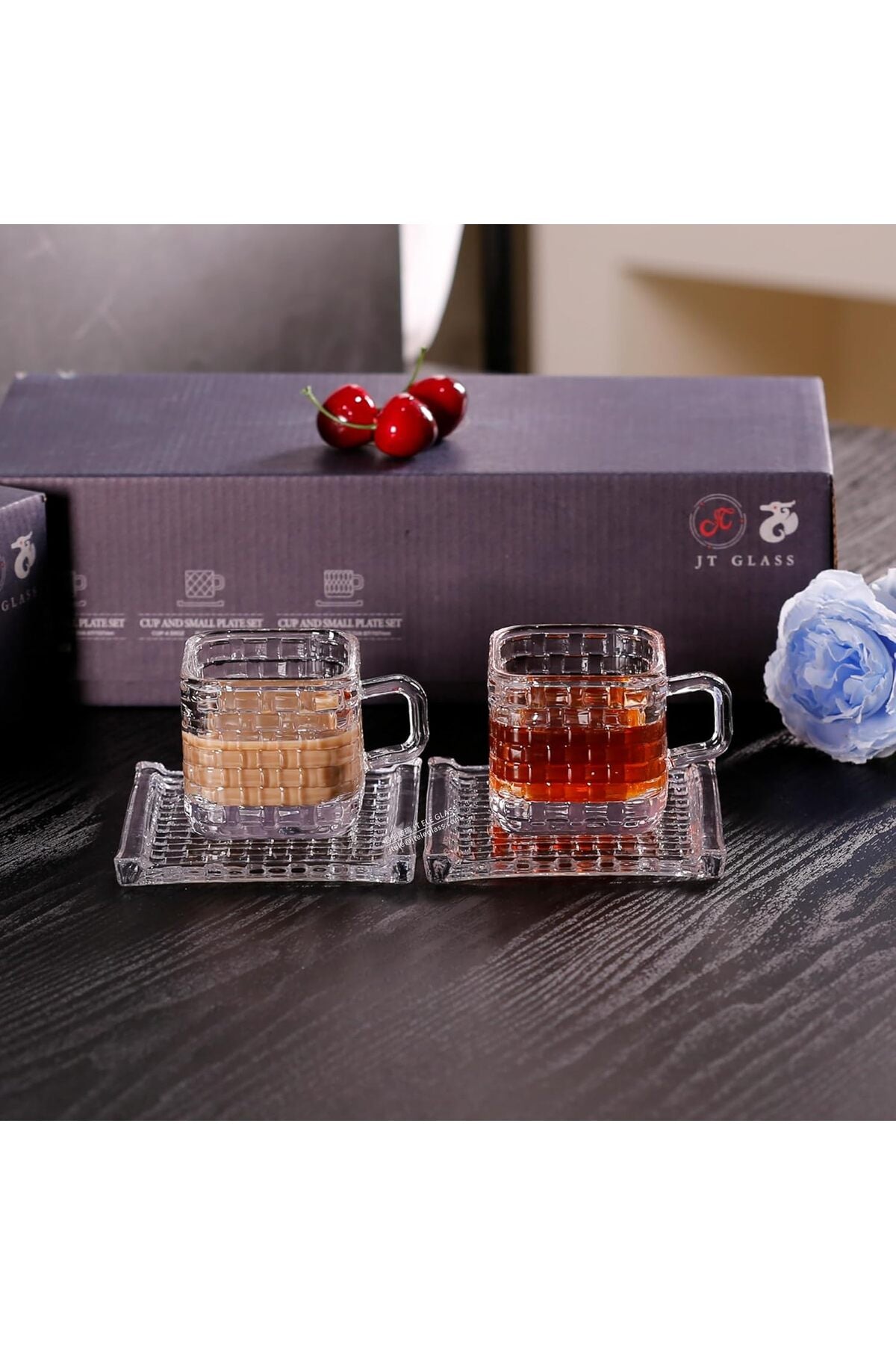 JT Glass Set of 12PCS: 6 Expresso Coffee Cups (5.3 OZ) & 6 Saucers, Bossa Nova Design, Clear Glass