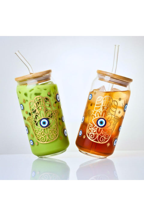 Evil Eye Borosilicate Sipper Glasses – Set of 2, 550ML Can-Shaped Glasses with Bamboo Lids & Glass Straws