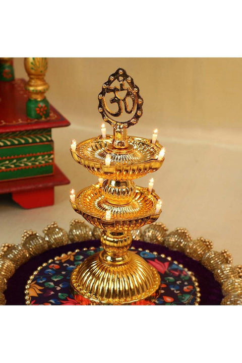 ZAYO Om Design Golden Samai Electric LED Decorative Diya Lamp for Home Décor, Festival Lighting, Diwali Decoration, Pooja Room & Table Décor - 2 Layer 10 LED