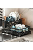 Black Dish Rack Foldable 2 Tier Drying Rack With Cutlery Holder And Cup Hooks