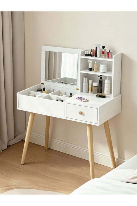 Dresser With Mirror Vanities Table, Makeup Table With Drawer And Shelf, 31.5" Length, White