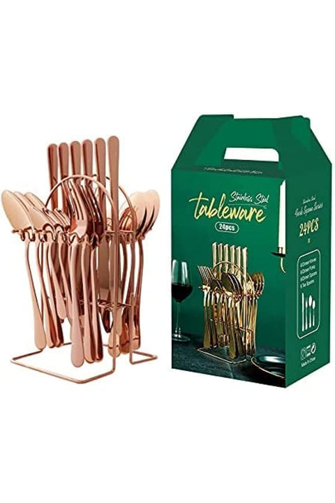 NB 24 Pieces Stainless Steel Flatware Set with Stand, Cutlery Set Mirror Polished, Service for 6, Include Knife/Fork/Spoon/Teaspoon(Rose Gold)