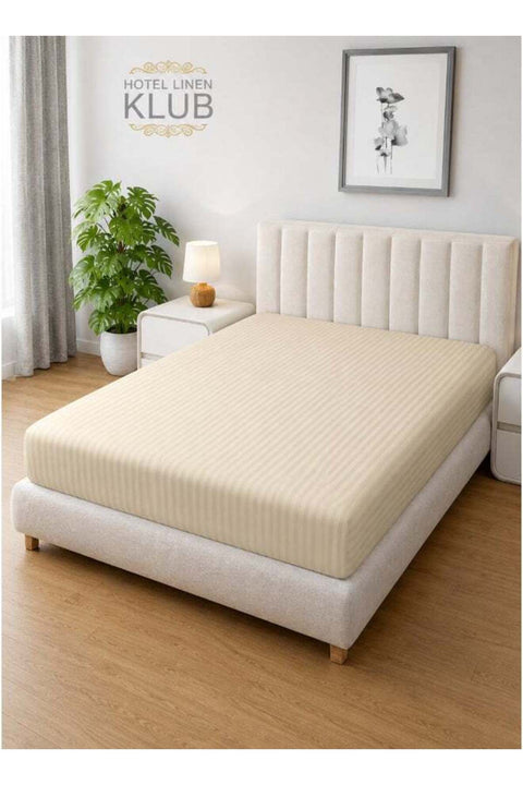 1-Piece Microfiber Fitted Sheet Striped, Color Beige, Design Soft Fabric Deep Pocket Elastic Edge Bed Linen