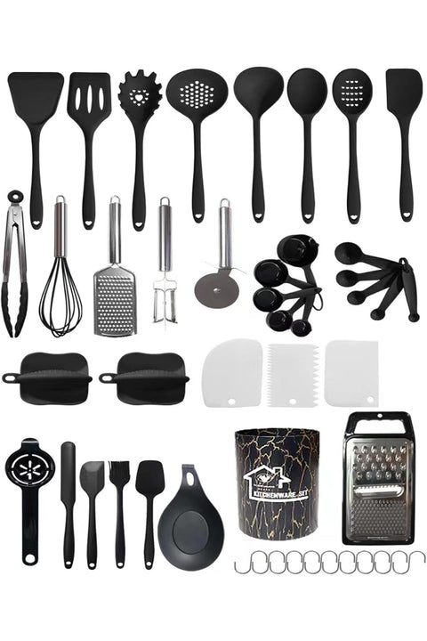 Silicone Kitchenware Set, Non-Stick, Heat-Resistant, includes Spatula, Spoon & Stainless Steel Tools, Food-Grade Material, Easy to Clean, Suitable for Daily Cooking (Black, 44Pcs)