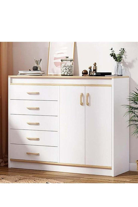 Chest of Drawers, Wooden Storage Cabinet with 5 Dawers and 2 Doors for Household Items and kitchenware, Modern Drawer Storage Cabinet for Living Room Dining Room and Bedroom (White)