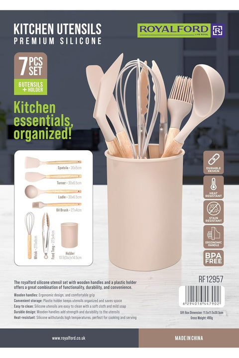 RF12957 7-Piece Silicone Kitchen Utensils Set with Wooden Handles – Heat-Resistant Cooking Tools with Holder, Spatula, Turner, Ladle, Oil Brush, Whisk & Food Tongs
