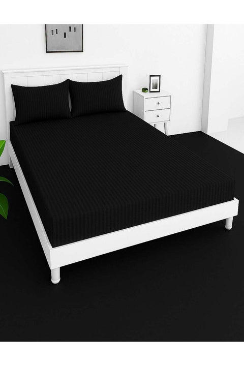 Deep Fitted Bed Sheet +2Pcs Pillow Covers, King/Queen/Double/Single Sizes, Color Black, Depth 30cm