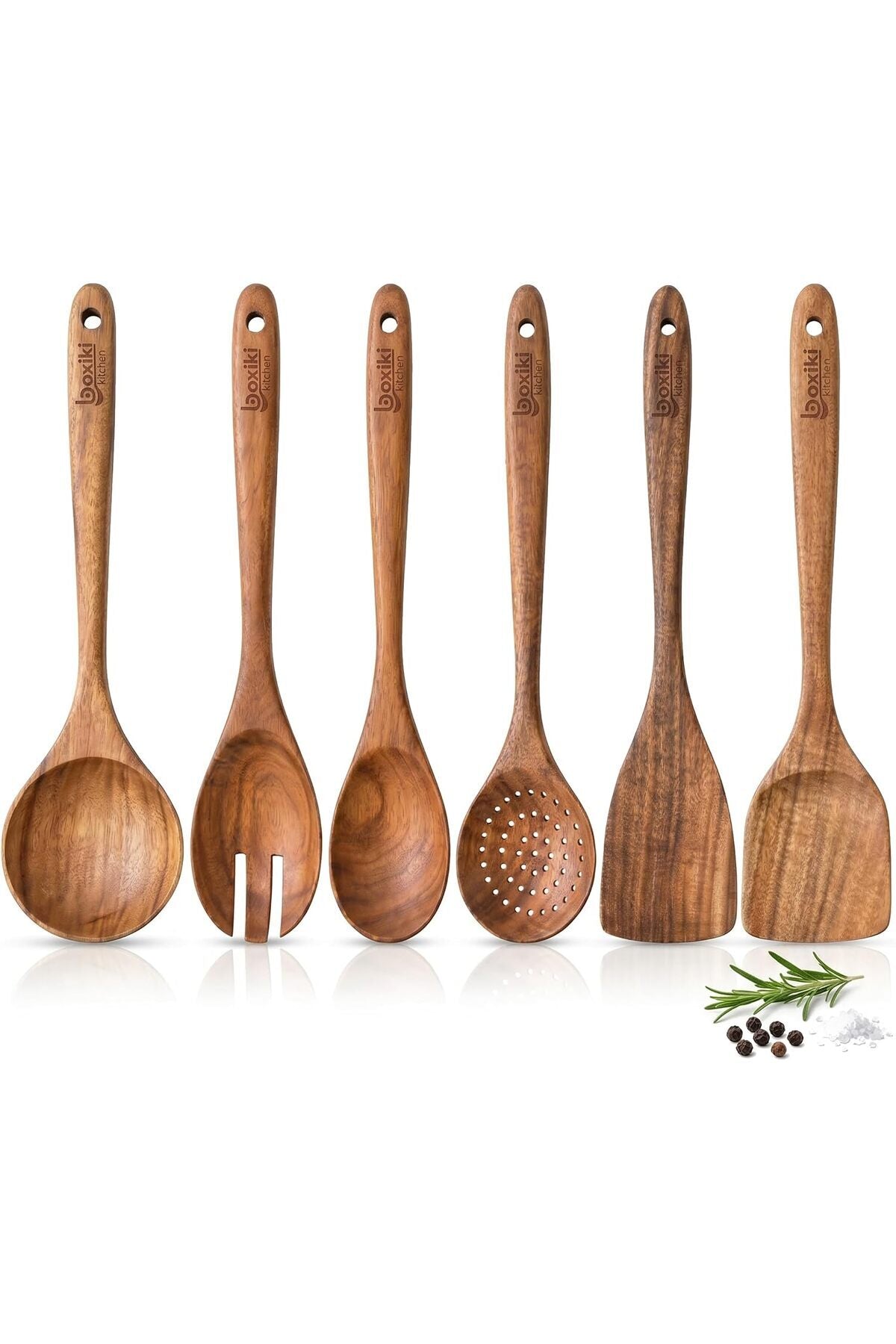 Wooden Spoons for Cooking Set of 6 - Teak Wood Kitchen Utensil Set, FSC Certified Non Toxic Wooden Cooking Utensils