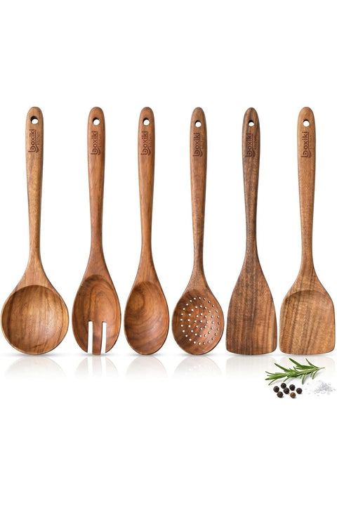 Wooden Spoons for Cooking Set of 6 - Teak Wood Kitchen Utensil Set, FSC Certified Non Toxic Wooden Cooking Utensils