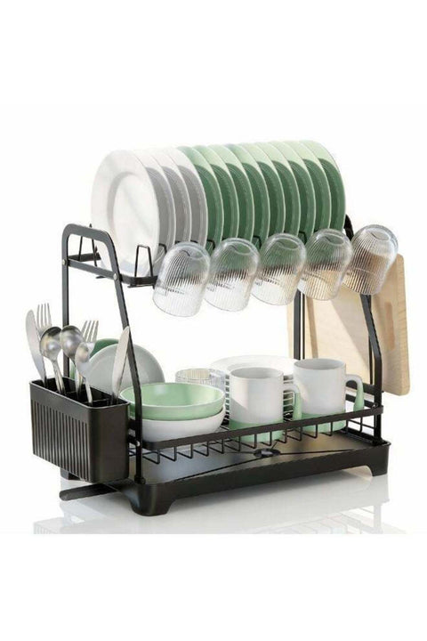 2-Tier Dish Drying Rack with No Water Buildup Drainboard, Keeps Counter Dry, Large Capacity Rustproof Dish Drainer for Kitchen Countertop with Utensil Holder