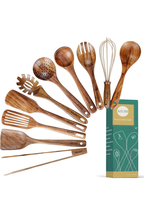 Aiuhi Wooden Kitchen Utensils Nonstick Natural Teak Wood For With Spatula And Ladle (10)