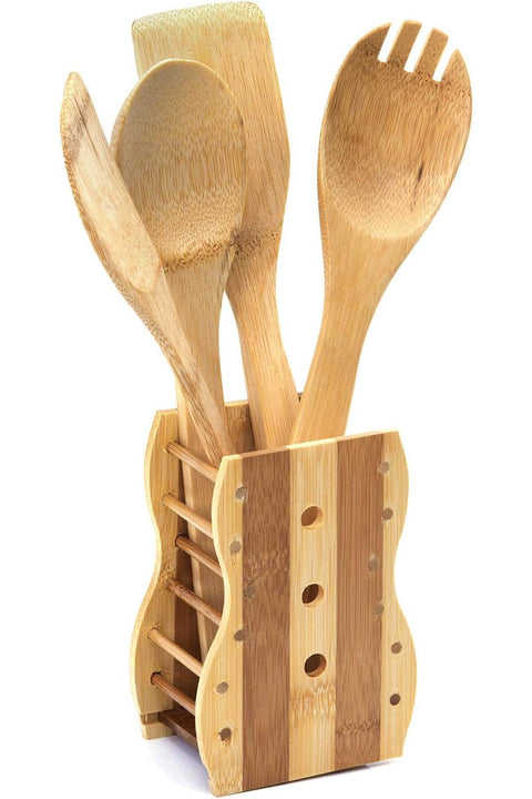 4 Pieces Pure Bamboo Wooden Solid Turner, Spatula, Slotted Spoon & Spoon Kitchen Essentials Cooking Utensils Tool Set