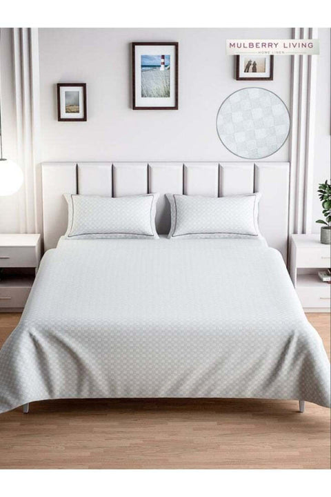 100% Cotton Queen Flat Bedsheet with 2 Pillow covers - 300Tc Urban Grid - White