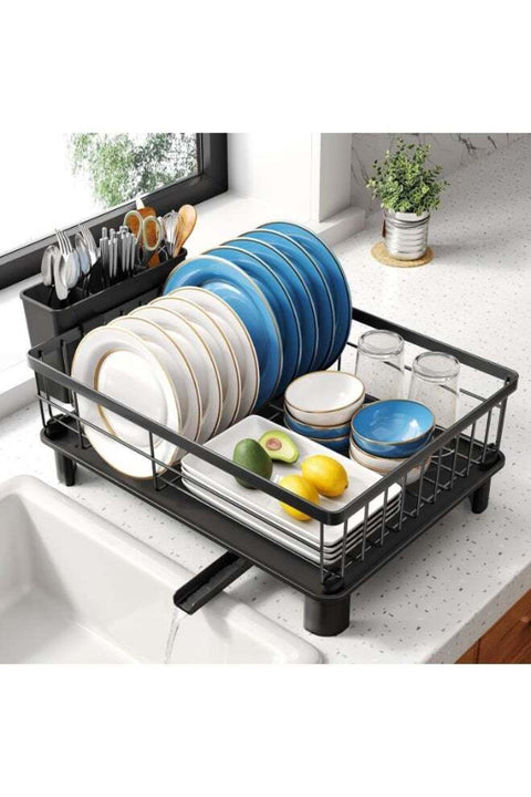 SHRAVELLE Small Stainless Steel Dish Drying Rack – Kitchen Counter Dish Drainer with Utensil Holder & Drainboard, Compact 11" W x 15" L, Black