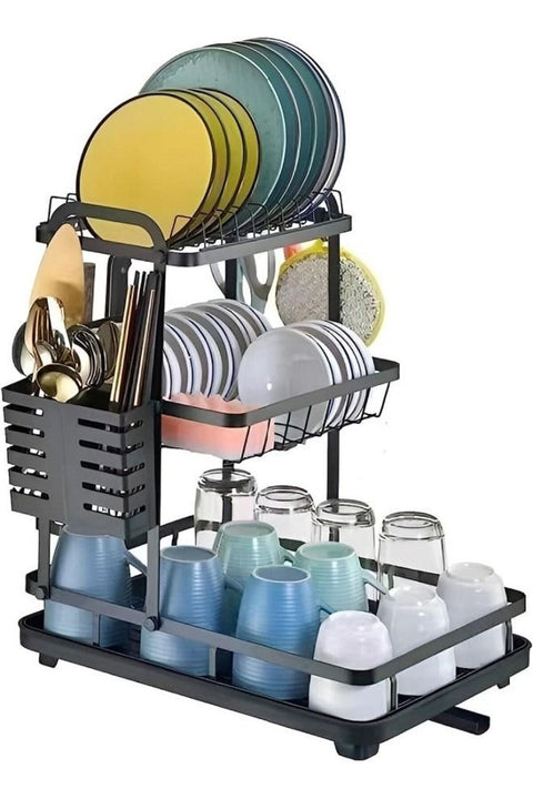 Dish Drying Rack, 3-Tier Detachable Dish Rack and Draining Board Set, Organizer Rack with Utensil Holder
