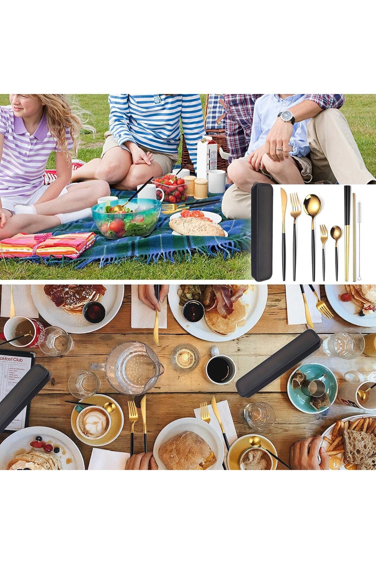8 Pieces Stainless Steel Flatware Set Portable Reusable Cutlery Set Travel Utensils (Black Golden)