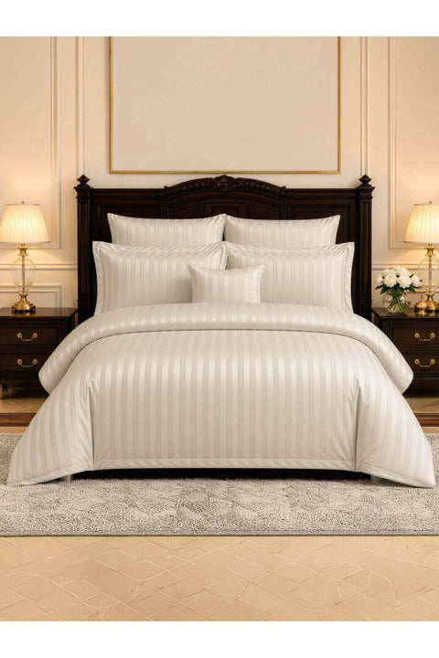 Hotel Striped Comforter Set, Fits 200x200 cm Size Bed, Removable Duvet Filler Included, 8-Pcs King Size, 350 GSM Filling.