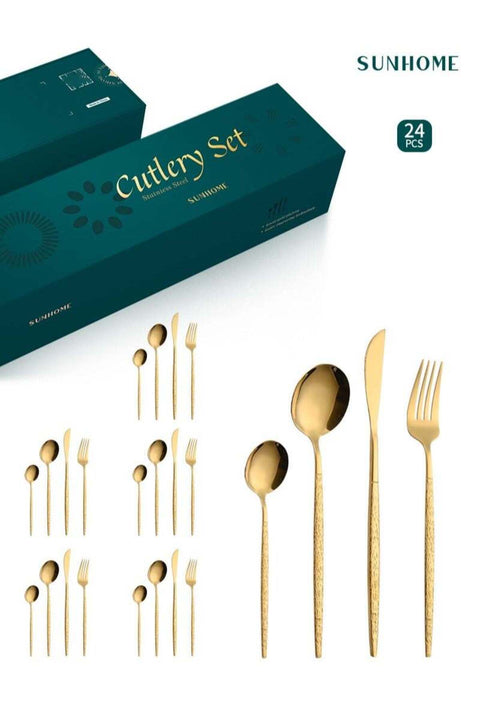 24-Piece Stainless Steel Cutlery Set Kitchen Utensil Western Tableware Gold