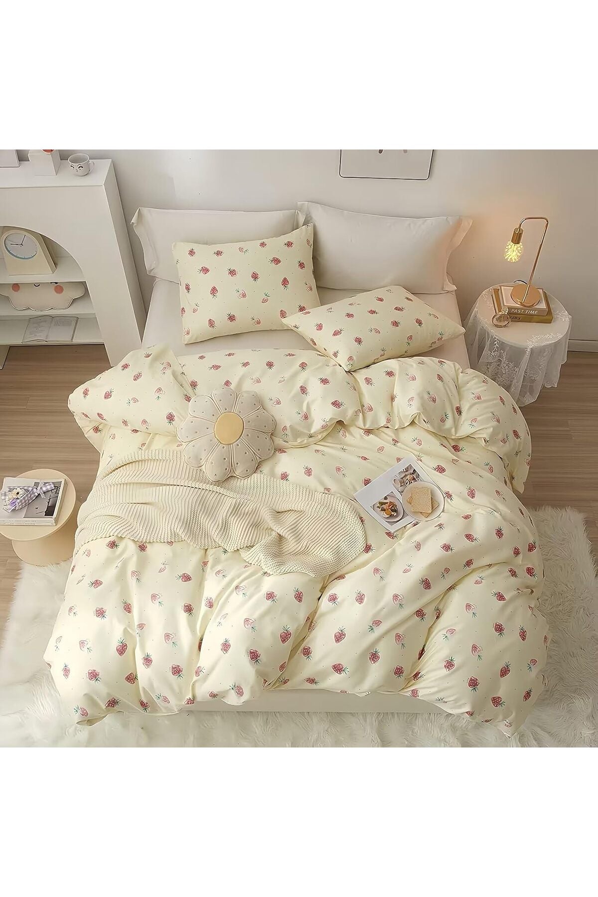 Kids Girls Bedding Set Double, Yellow Strawberry Cute Soft Zipper Childrens Full Bed 3 Piece Cover Duvet Quilt Covers